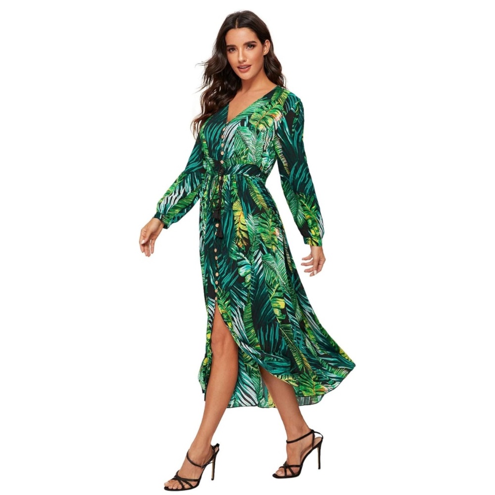 Milumia Women Button Up Split Floral Print Flowy Vacation Maxi Dress Green Small